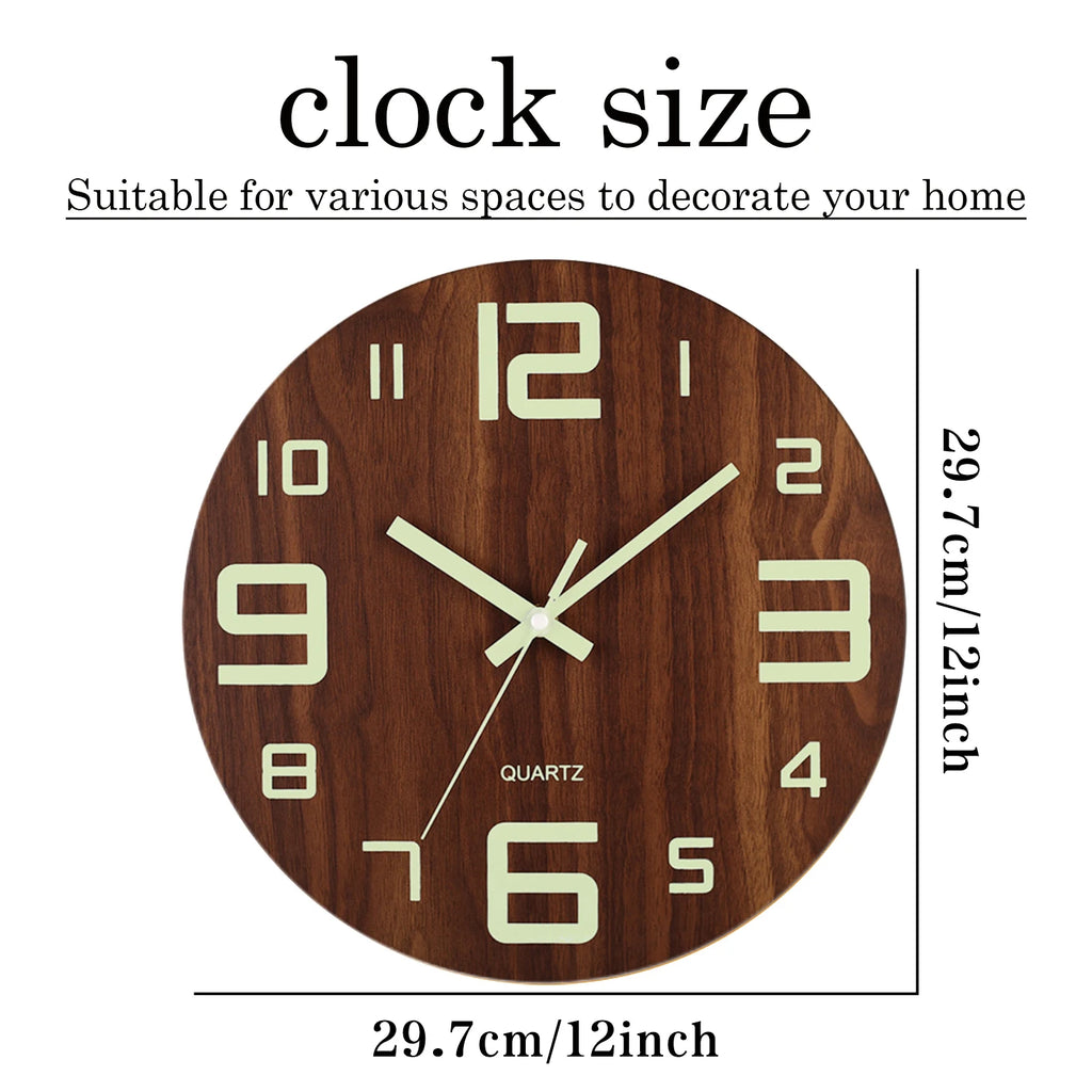 12-Inch Luminous Silent Wooden Wall Clock
