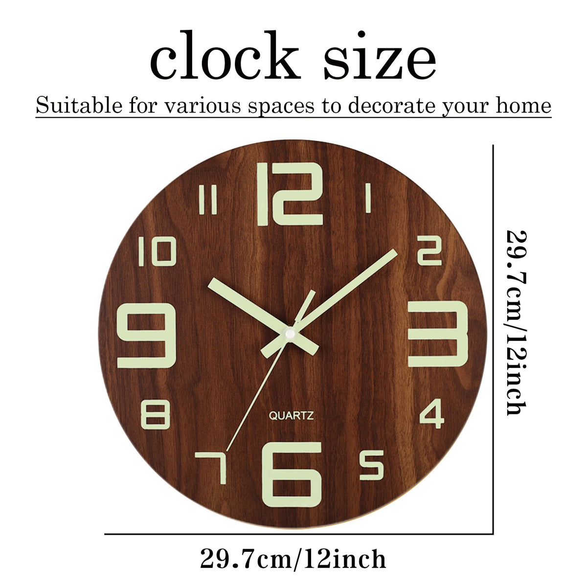 12-Inch Luminous Silent Wooden Wall Clock