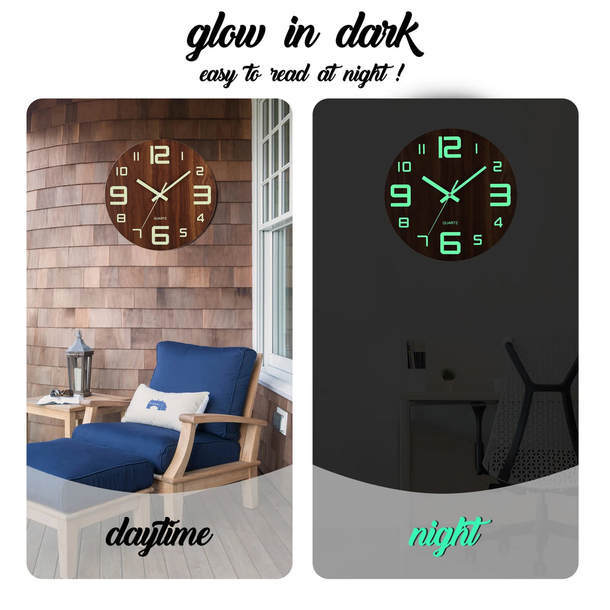 12-Inch Luminous Silent Wooden Wall Clock