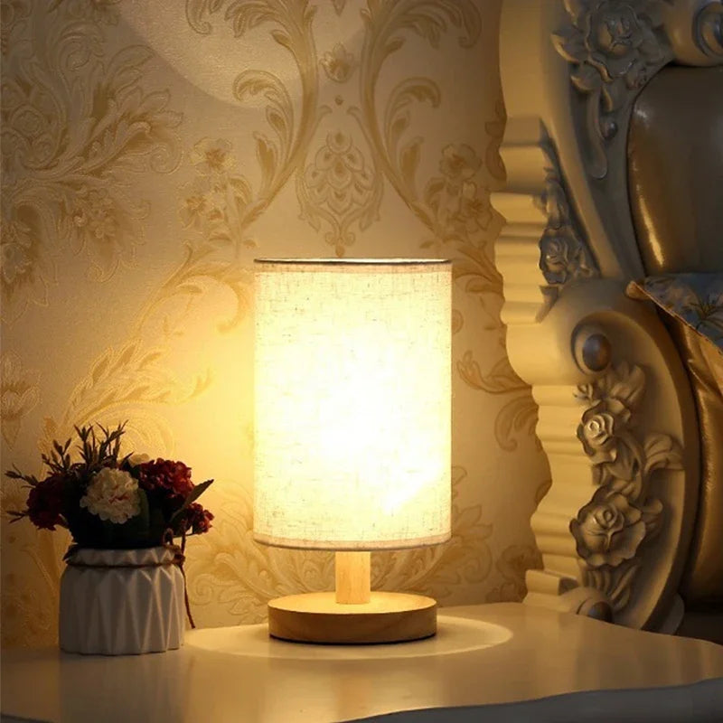 Dimmable USB Fabric Lampshade Wood Chinese Style LED Bedside Table Lamp Bedroom – photo 3
