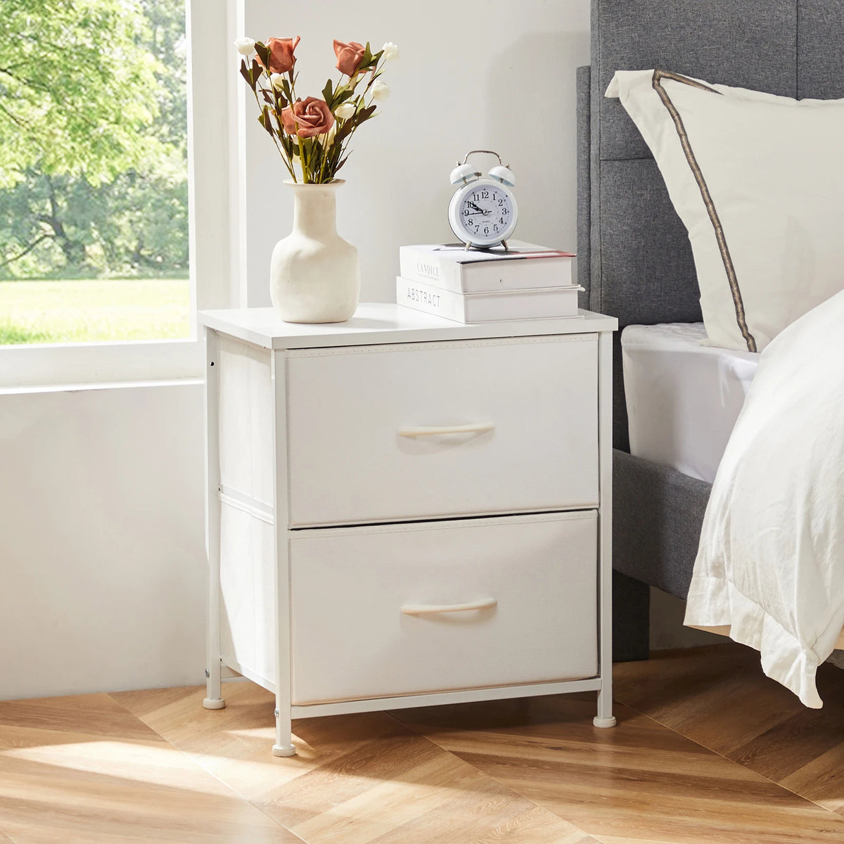 Modern Morocco Wood 2 Fabric Drawer Storage Nightstand Side Table Bedroom