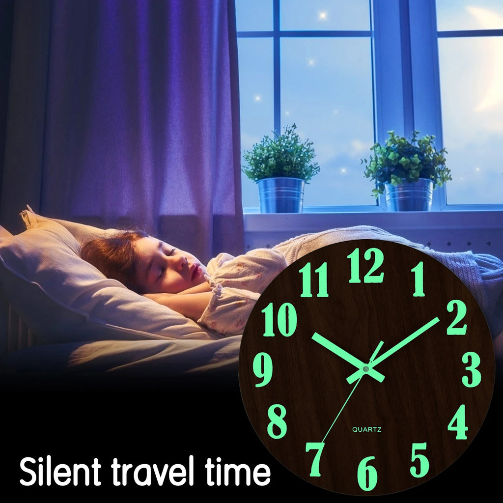 12-Inch Luminous Silent Wooden Wall Clock