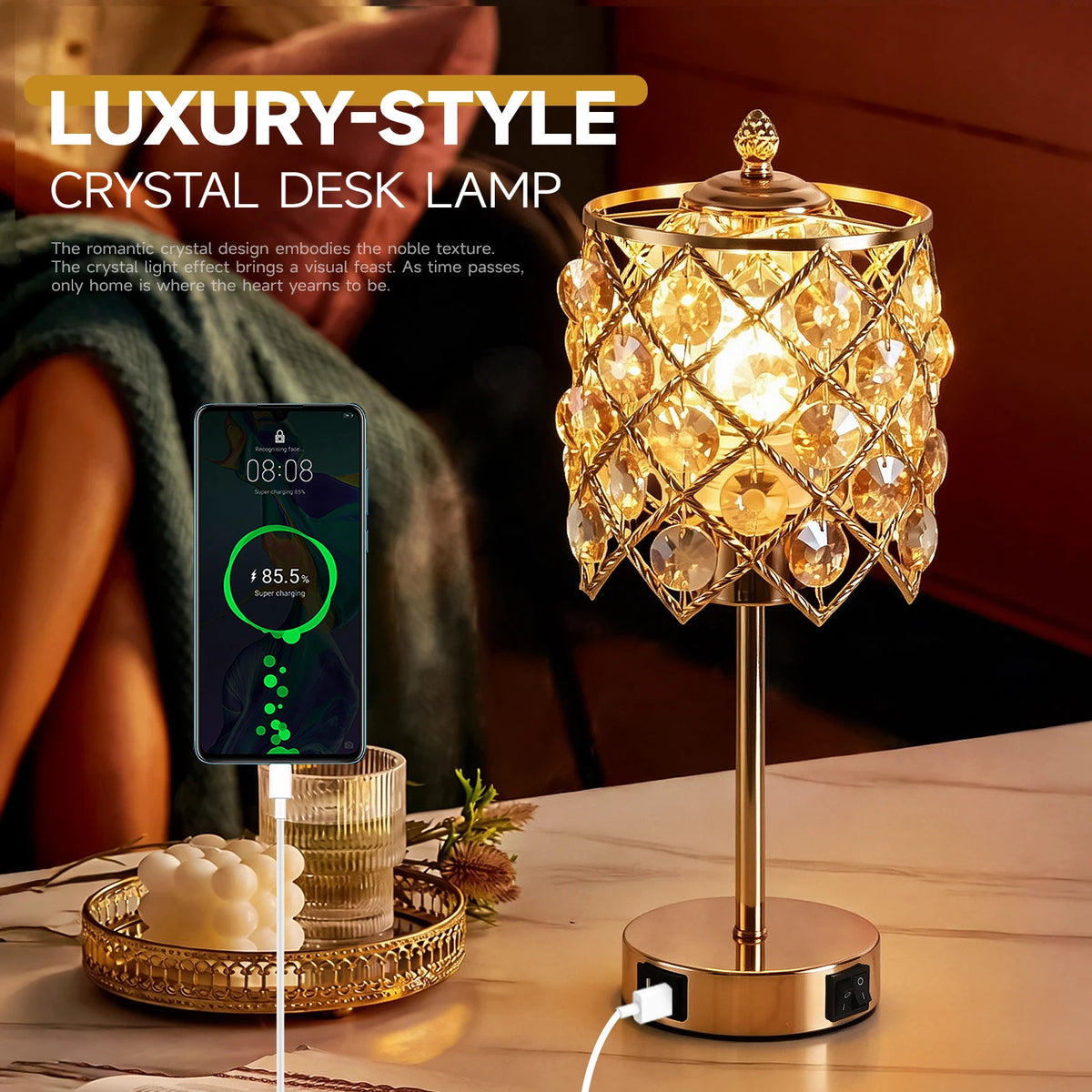 USB Charging AC Outlet Gold Crystal Diamond Grid Metal Bedside Nightstand Table Lamp