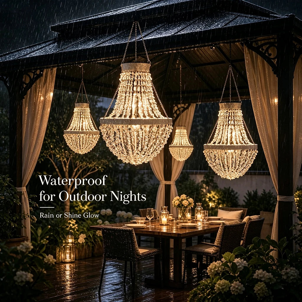 Solar Crystal Waterproof IP44 LED Hanging Chandelier Outdoor Patio Pergola Porch