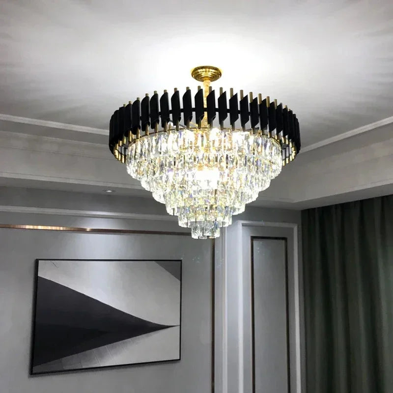 Luxury Black Gold Crystal Round LED Chandelier Pendant Light Tricolor