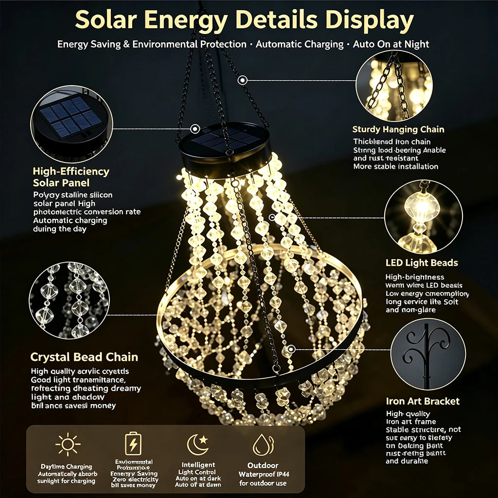 Solar Crystal Waterproof IP44 LED Hanging Chandelier Outdoor Patio Pergola Porch – photo 3