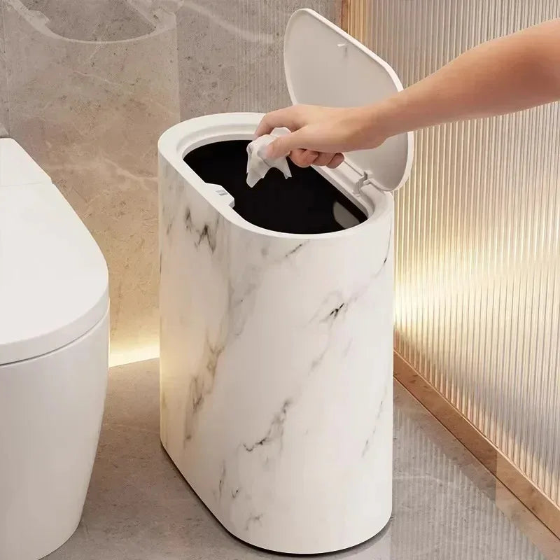 Nordic Marble-Style Slim Press-Top Trash Can