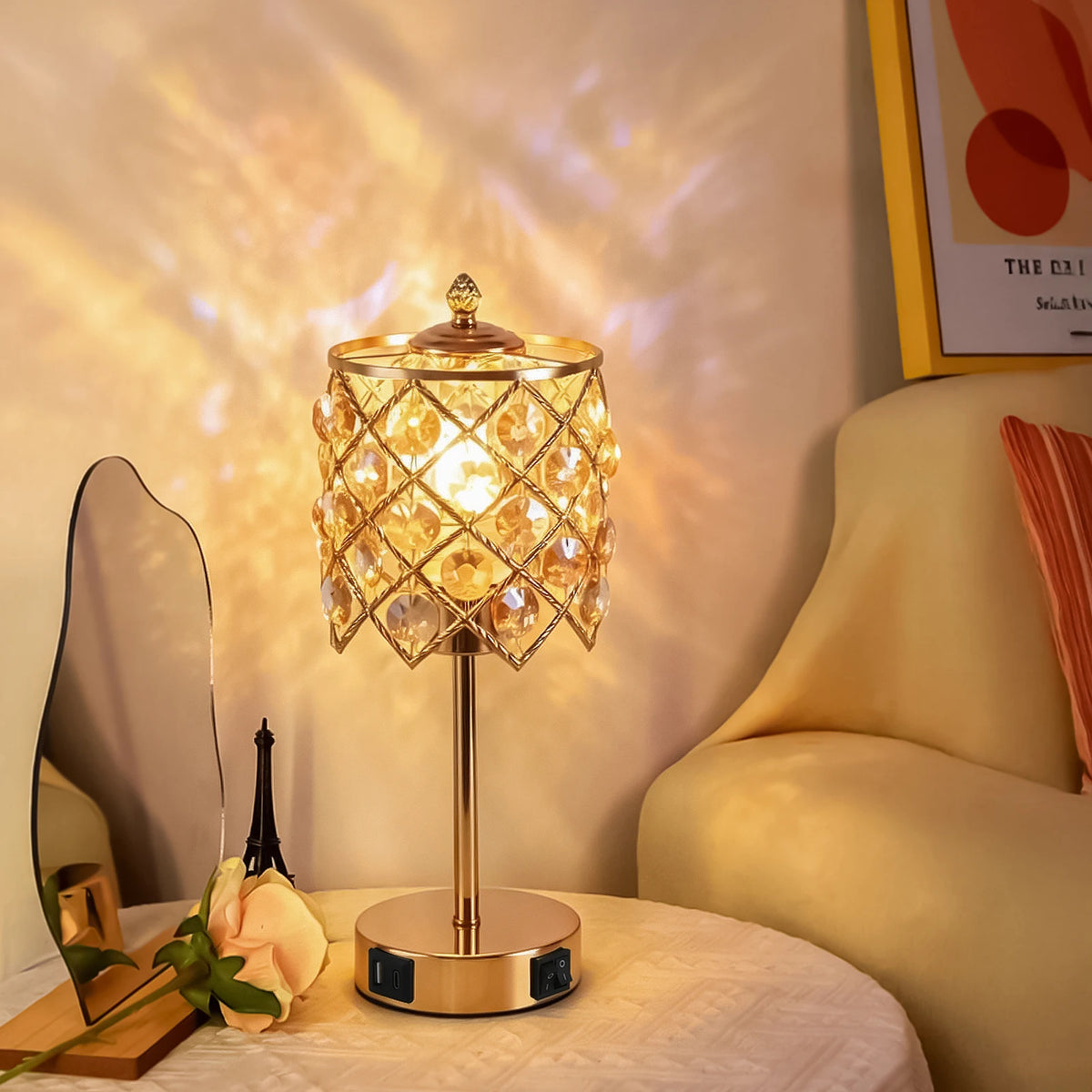 USB Charging AC Outlet Gold Crystal Diamond Grid Metal Bedside Nightstand Table Lamp – photo 2