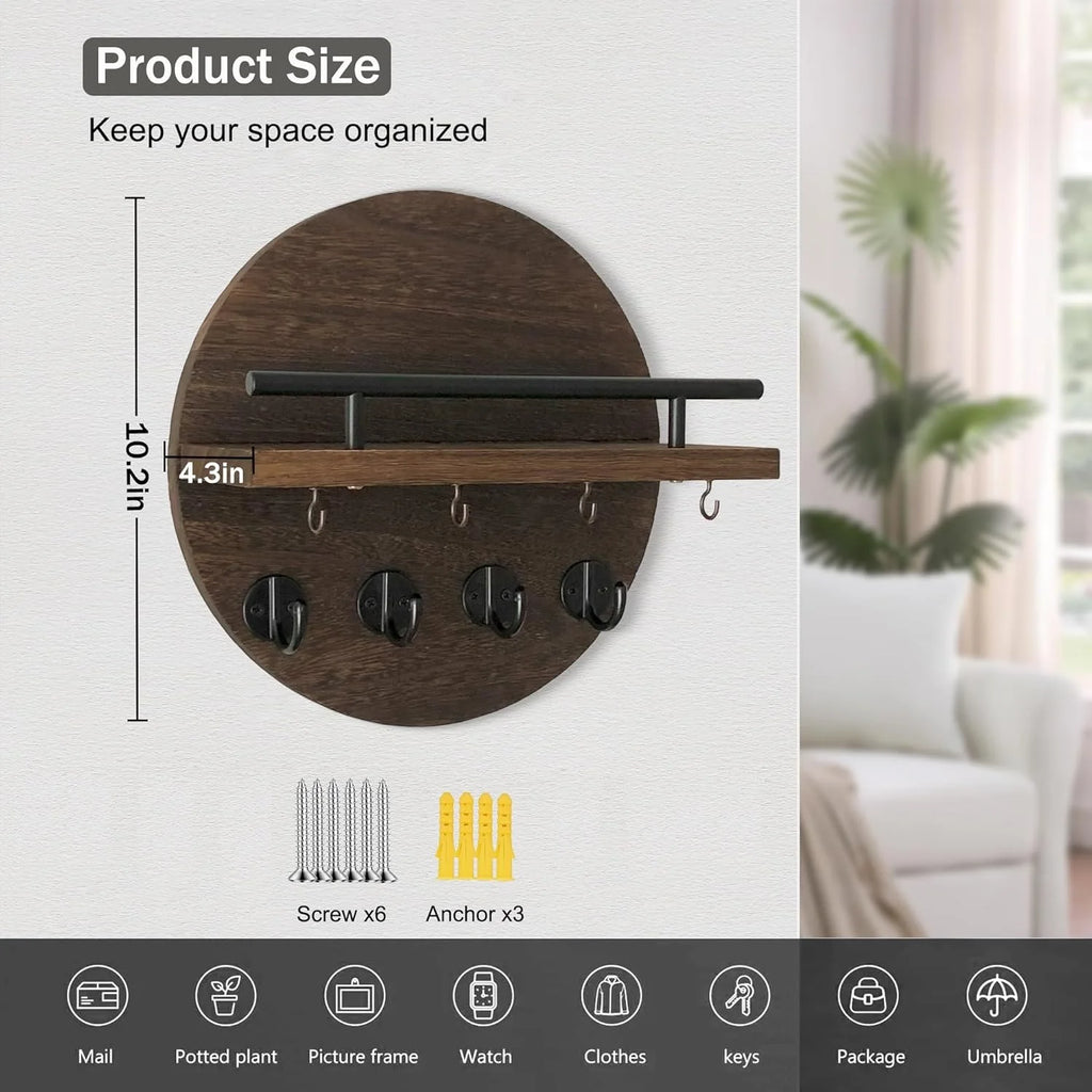 Circular Wood Key Holder, 8 Hooks & Shelf