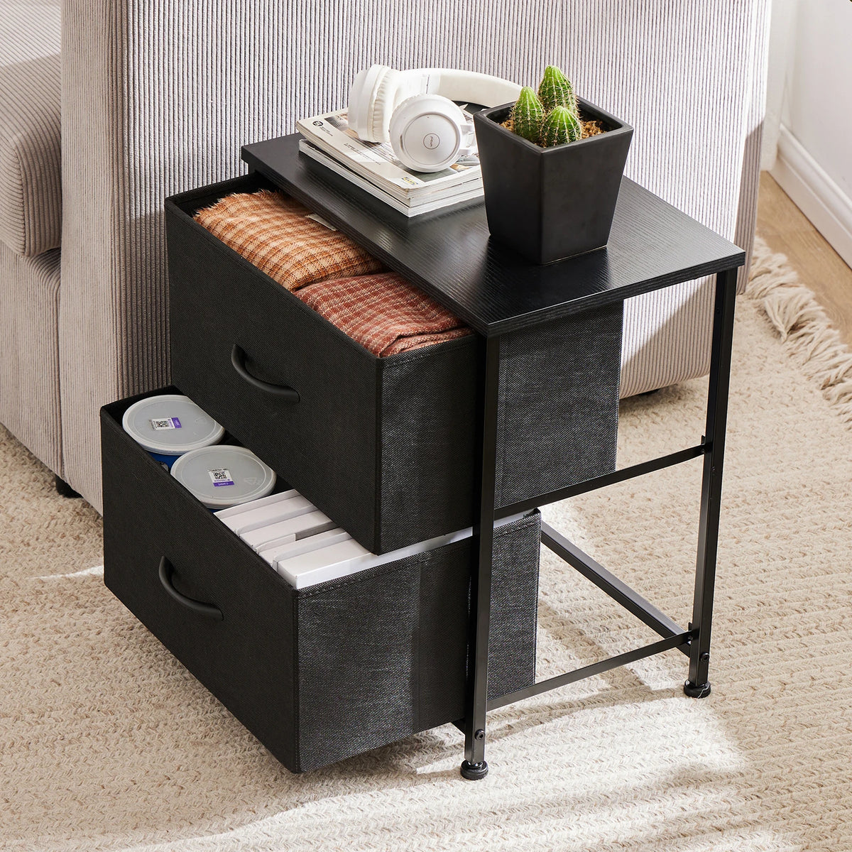 Modern Morocco Wood 2 Fabric Drawer Storage Nightstand Side Table Bedroom