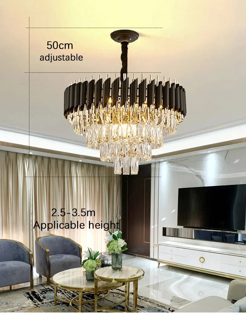 Luxury Black Gold Crystal Round LED Chandelier Pendant Light Tricolor – photo 8