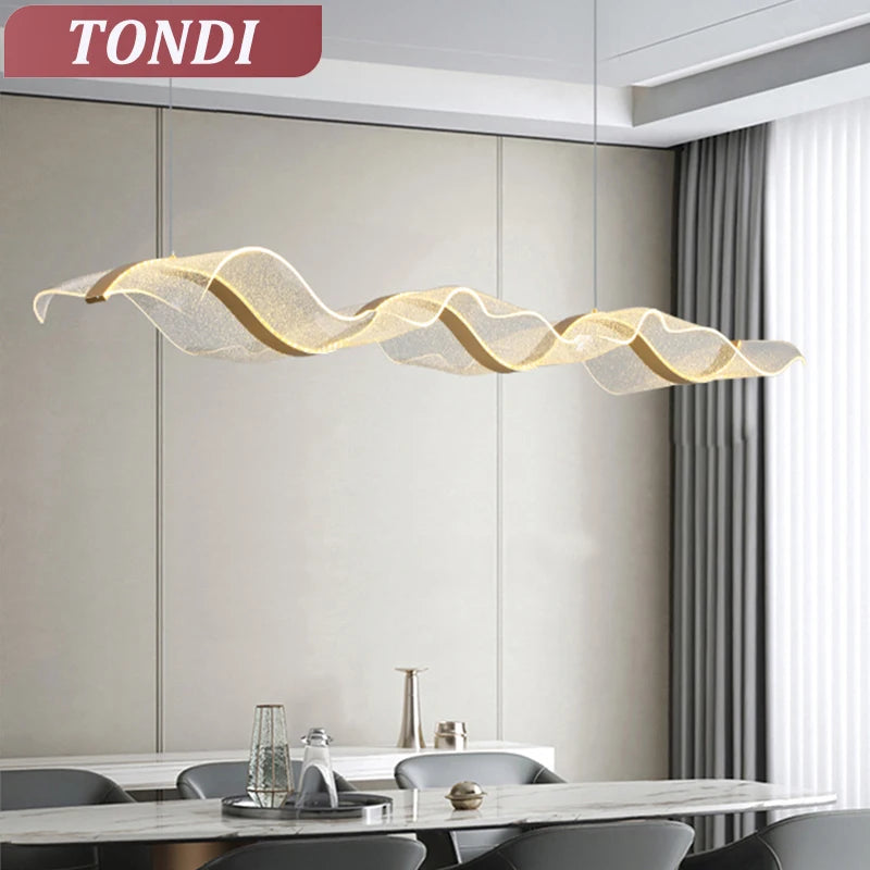 Nordic LED Long Wave Design Chandelier Pendant Light Dimmable with Remote