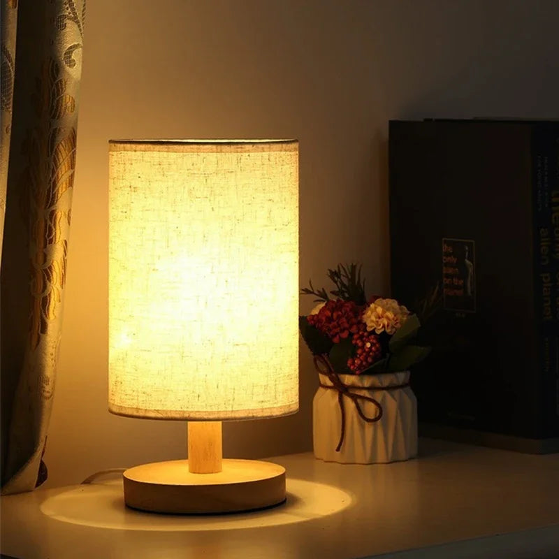 Dimmable USB Fabric Lampshade Wood Chinese Style LED Bedside Table Lamp Bedroom – photo 2