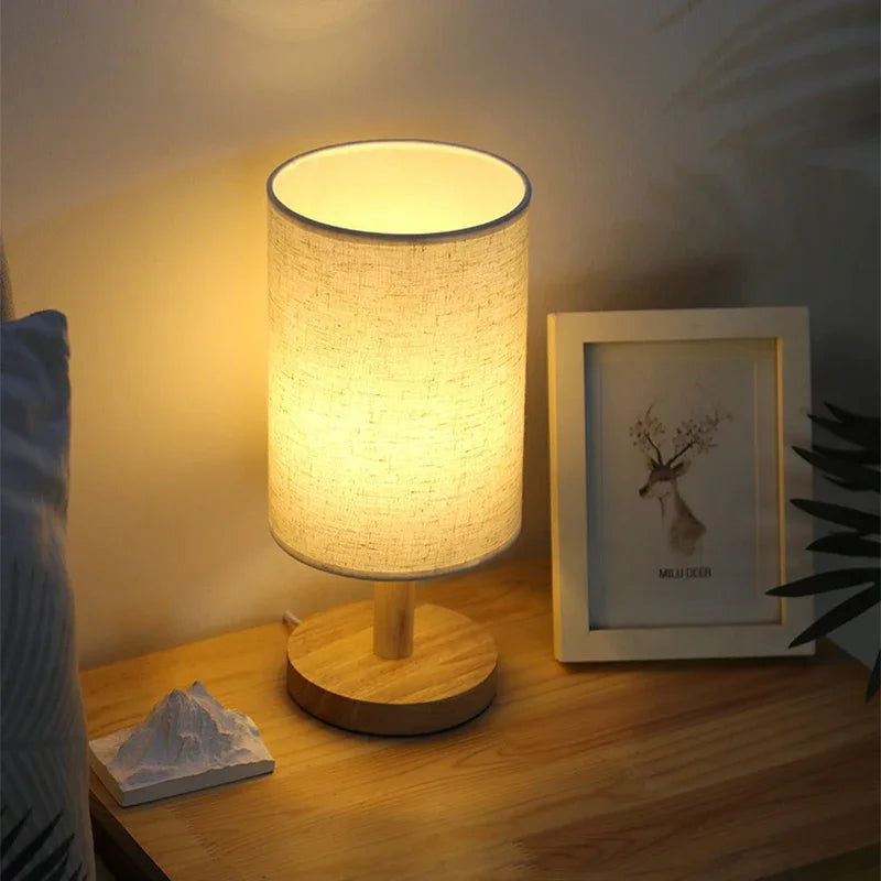 Dimmable USB Fabric Lampshade Wood Chinese Style LED Bedside Table Lamp Bedroom – photo 4