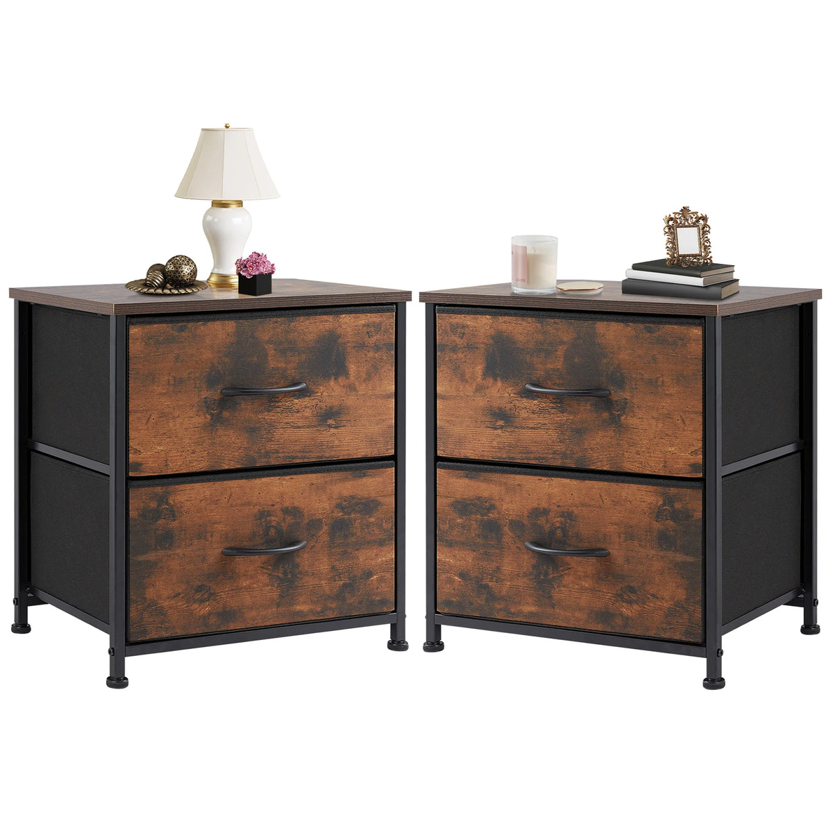 Modern Morocco Wood 2 Fabric Drawer Storage Nightstand Side Table Bedroom