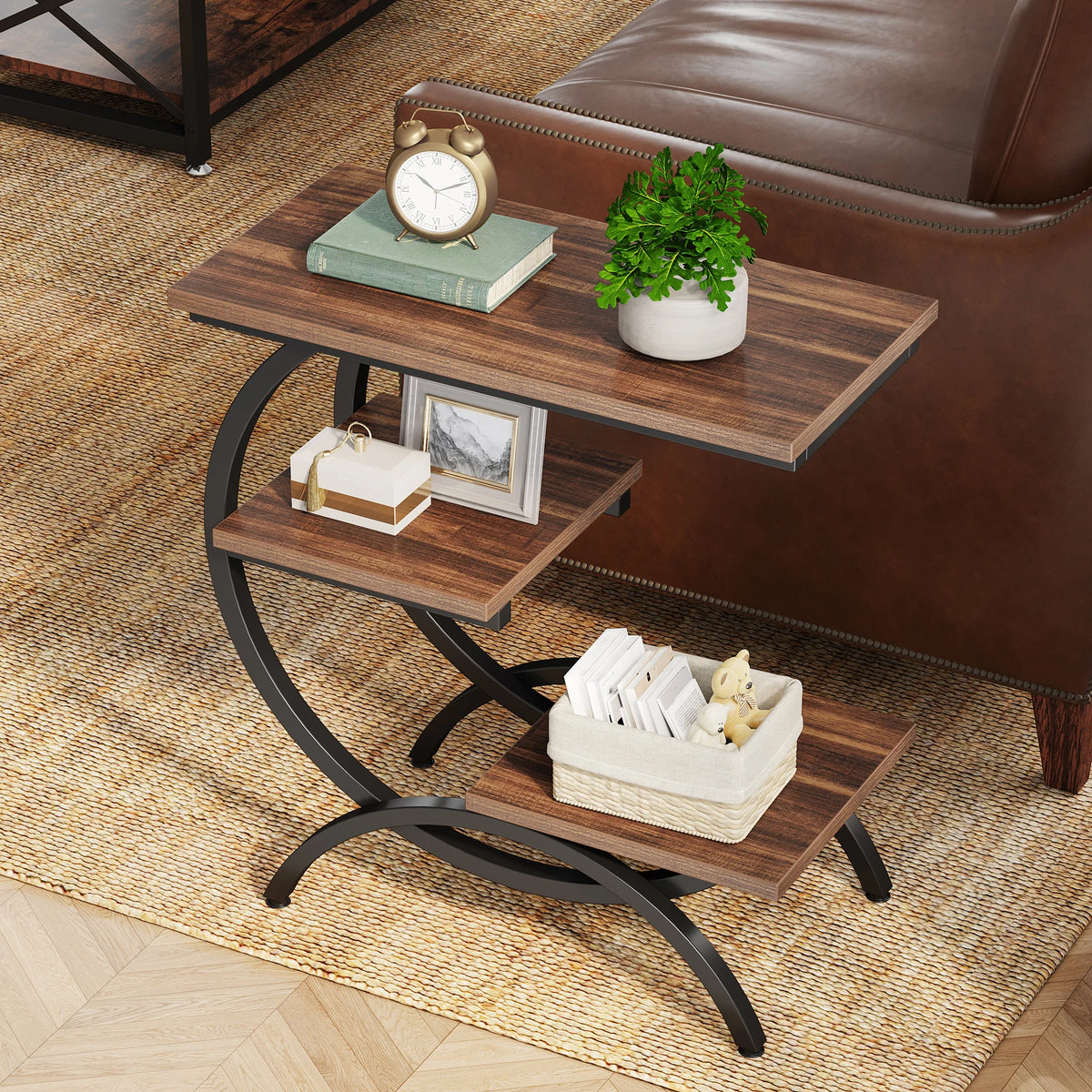 Tribesigns Industrial C Shaped 3 Tier Wood Metal Storage End Table