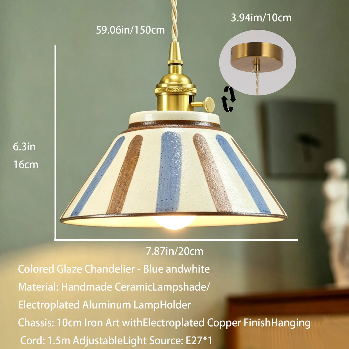 Chinese Retro Glazed Ceramic Blue and White Pendant Light Nostalgic Tea Room – photo 8