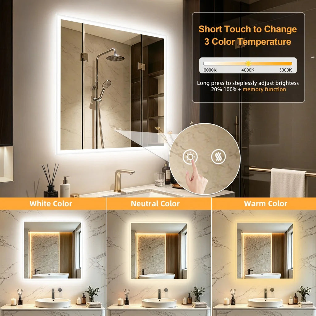 Touch Sensor Dimmable Square Aluminum Frame Anti Fog Waterproof LED Vanity Wall Mirror Bathroom – photo 7