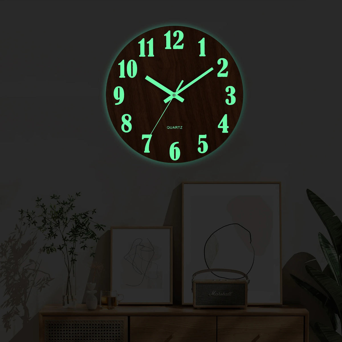 12-Inch Luminous Silent Wooden Wall Clock