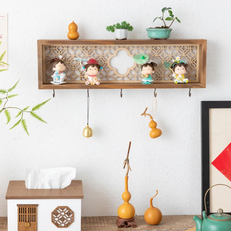 Decorative Wooden Wall Hooks and Storage Shelf