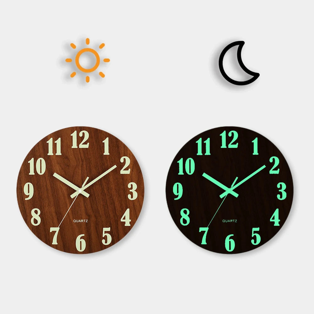 12-Inch Luminous Silent Wooden Wall Clock