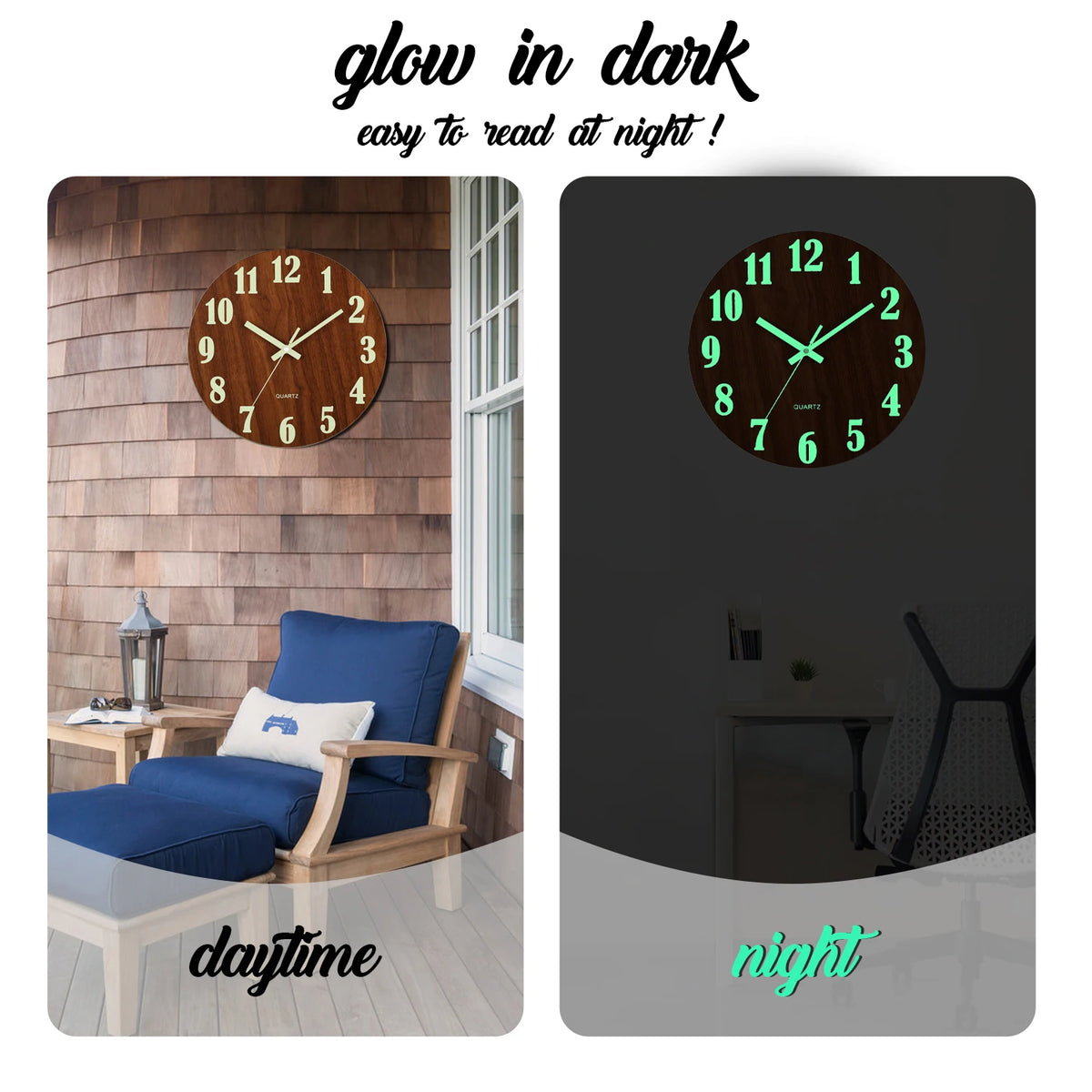 12-Inch Luminous Silent Wooden Wall Clock