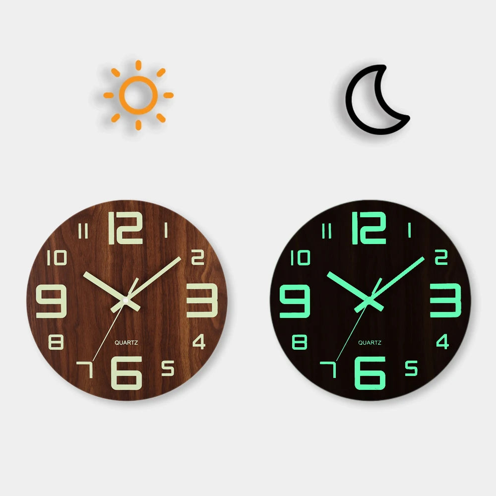 12-Inch Luminous Silent Wooden Wall Clock