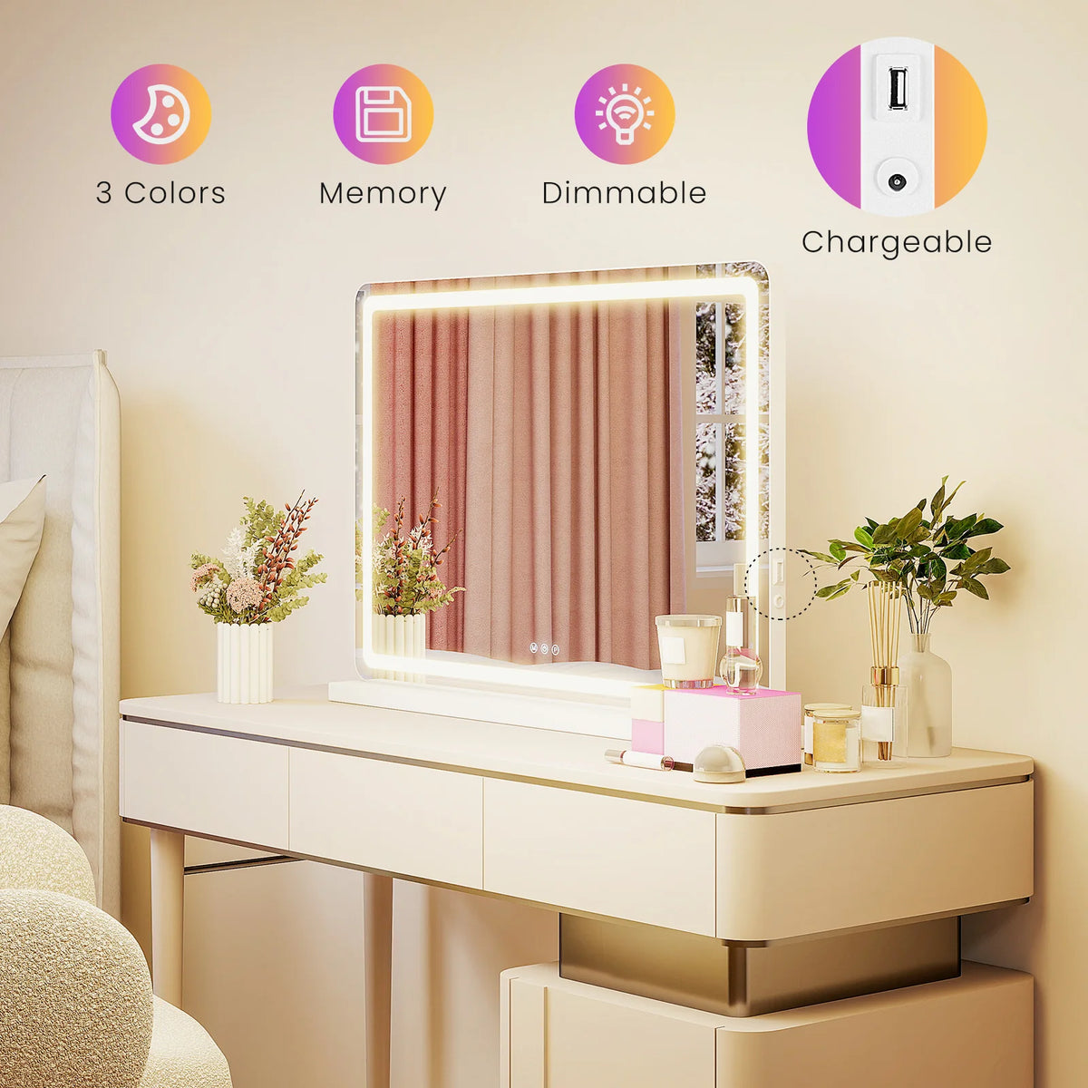 Dimmable 3 Color Modes USB Charging Aluminum Frame LED Vanity Mirror Bathroom Bedroom – photo 5