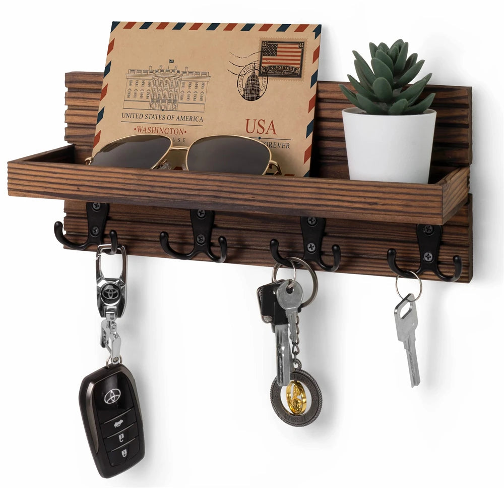 Rustic Wooden Wall Key Holder, 4 Hooks