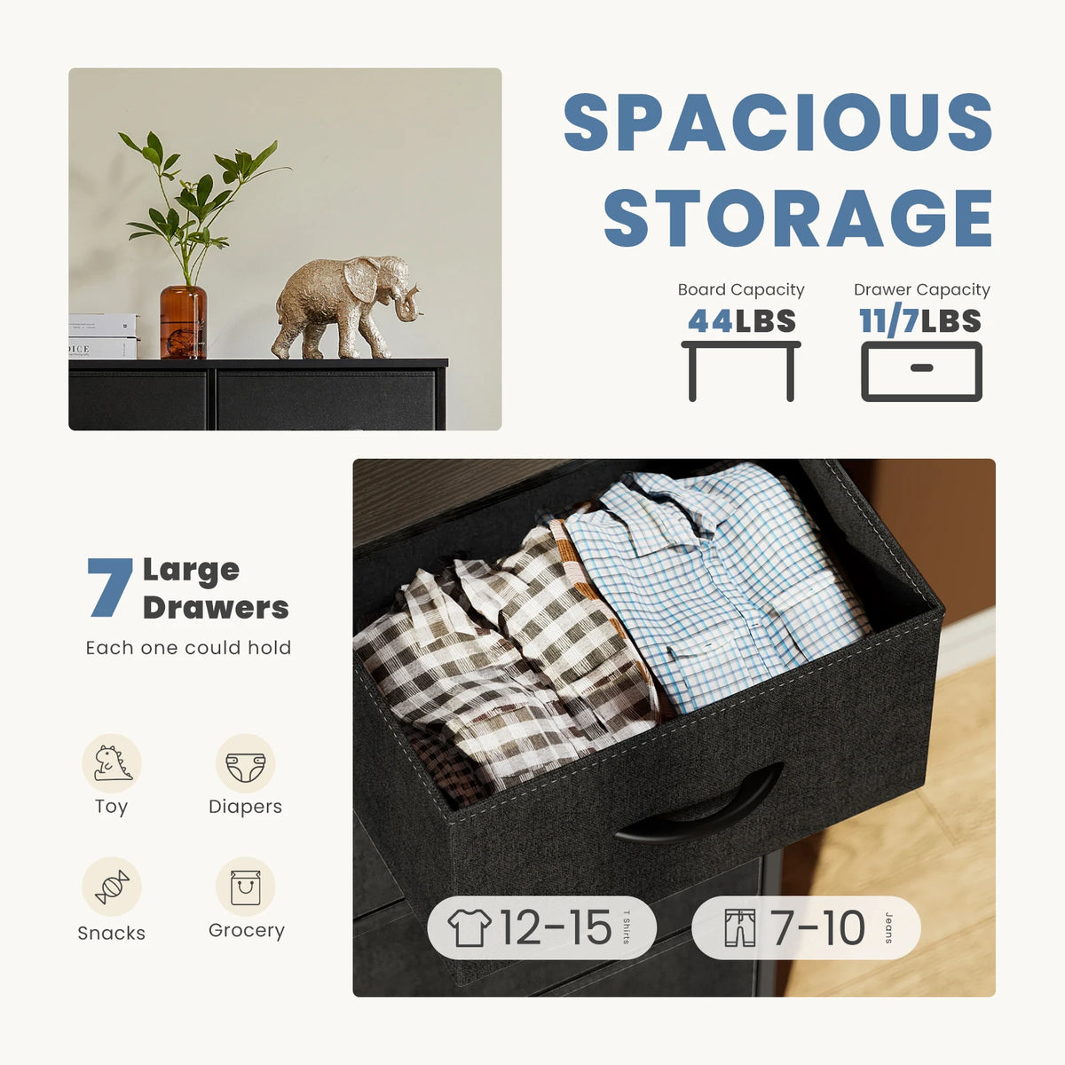 Modern Wooden 7 Fabric Drawer Storage Dresser Closet Chest Bedroom