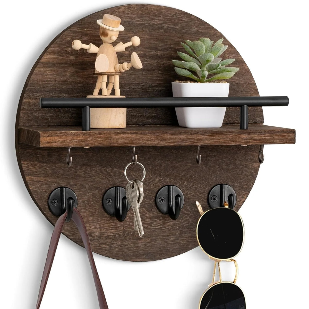 Circular Wood Key Holder, 8 Hooks & Shelf