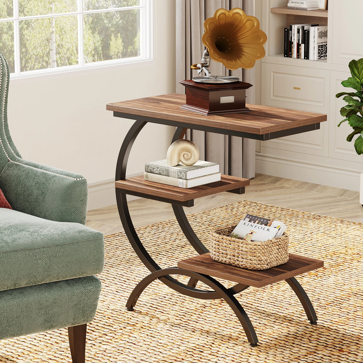 Tribesigns Industrial C Shaped 3 Tier Wood Metal Storage End Table