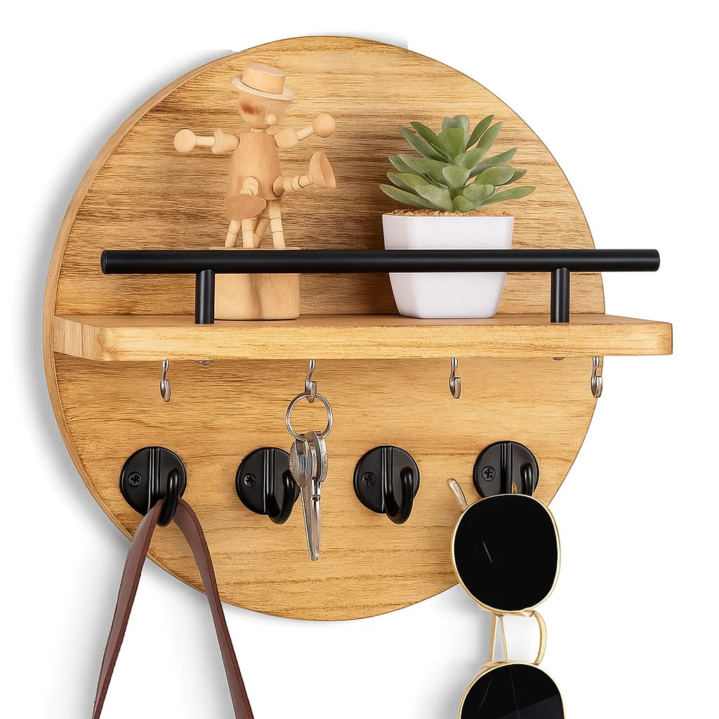 Circular Wood Key Holder, 8 Hooks & Shelf