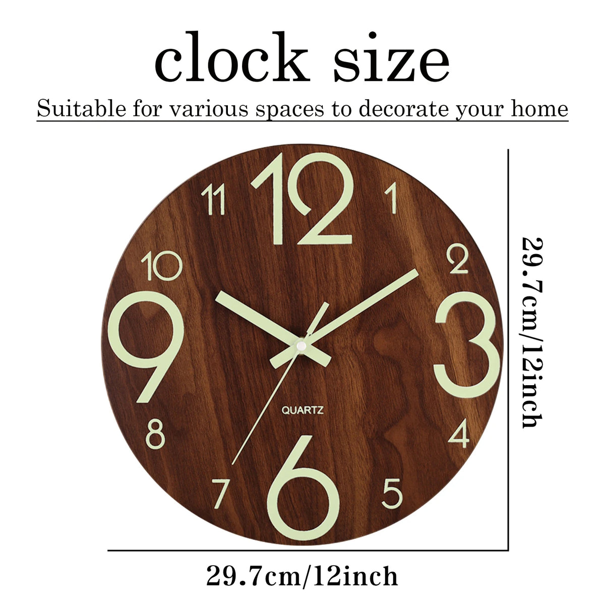12-Inch Luminous Silent Wooden Wall Clock