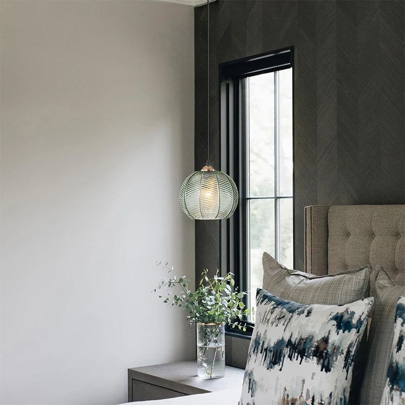Nordic Striped Green Glass E27 Pendant Light Decorative Dining Room – photo 3