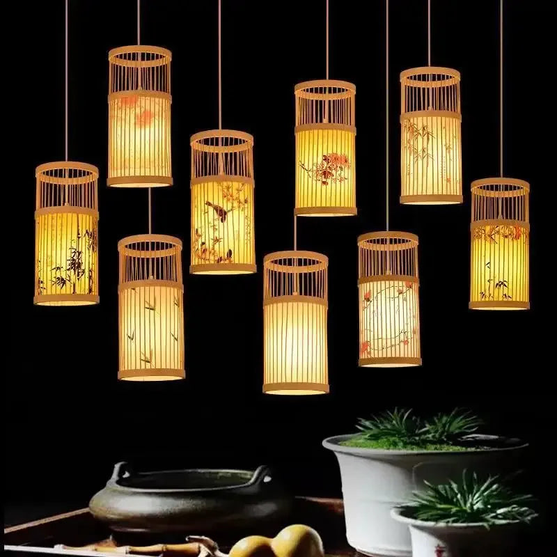 Chinese Japanese Zen Bamboo Wood Lantern Chandelier Teahouse Restaurant – photo 2