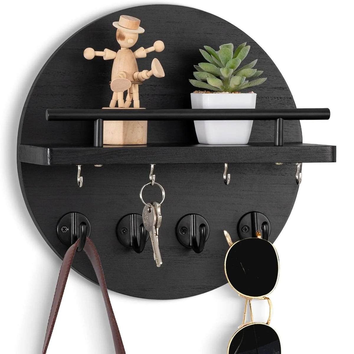Circular Wood Key Holder, 8 Hooks & Shelf