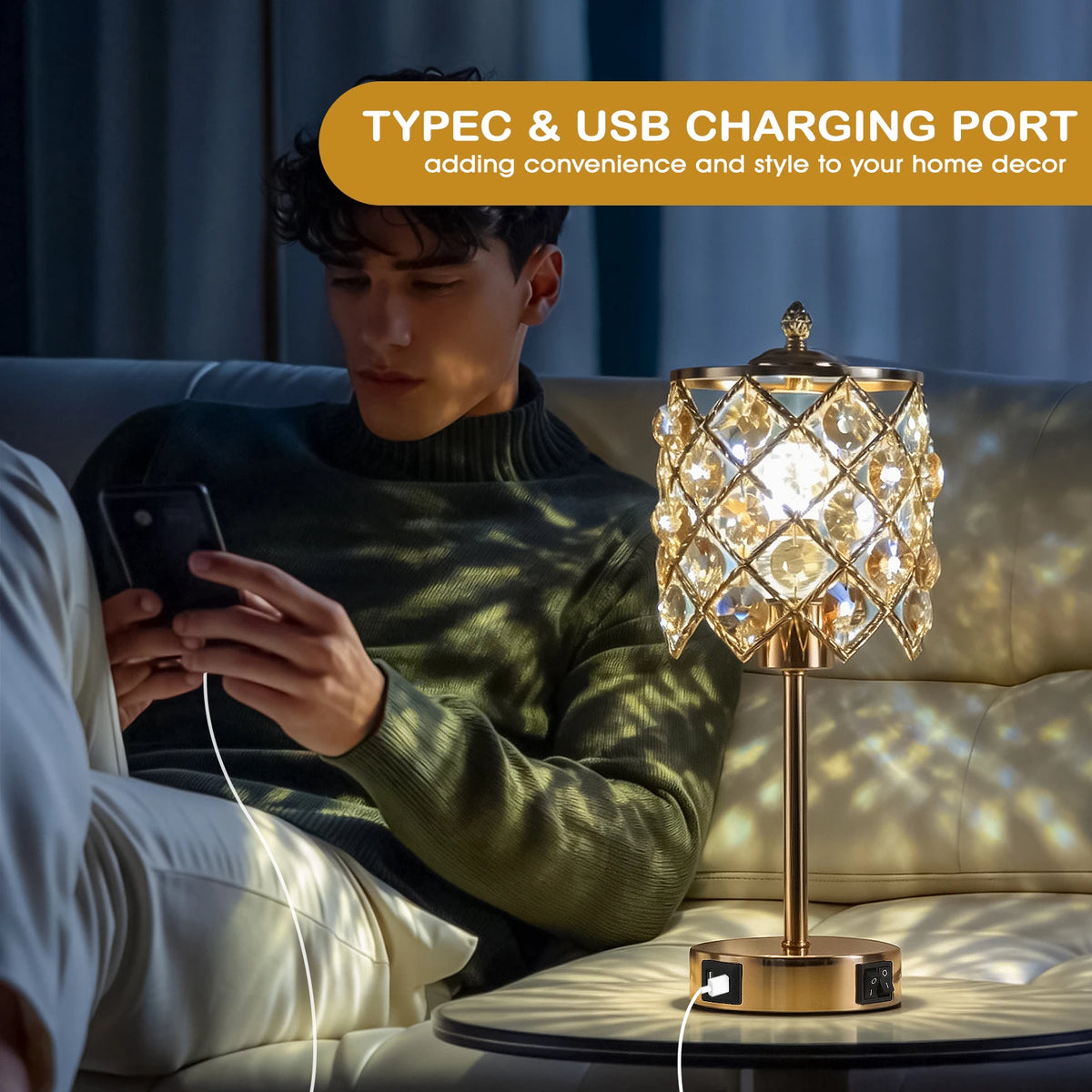 USB Charging AC Outlet Gold Crystal Diamond Grid Metal Bedside Nightstand Table Lamp – photo 3