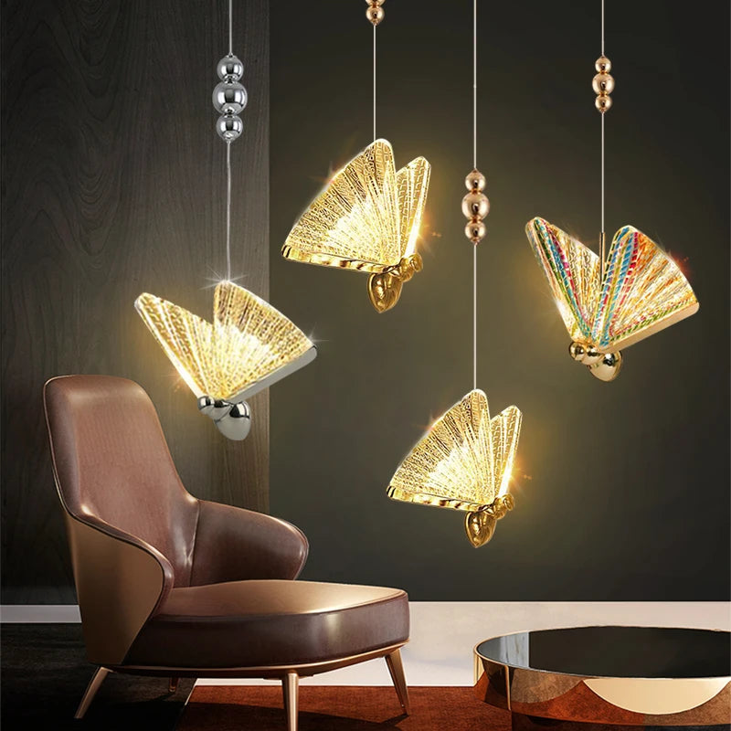 Nordic Butterfly LED Pendant Light Tricolor Golden Silver Hanging Lamp