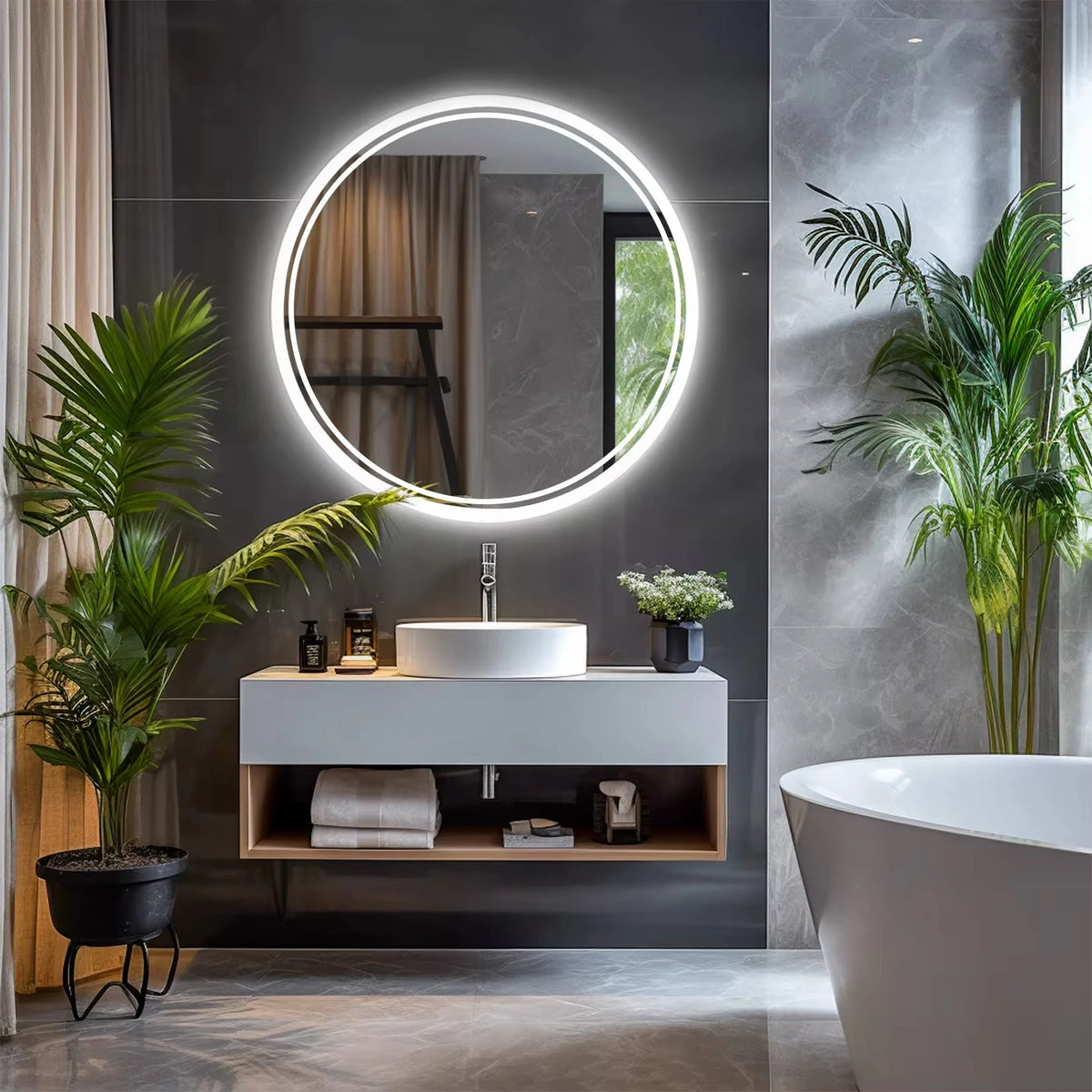 Touch Sensor Anti Fog Waterproof LED Backlit Round Wall Mounted Bathroom Mirror