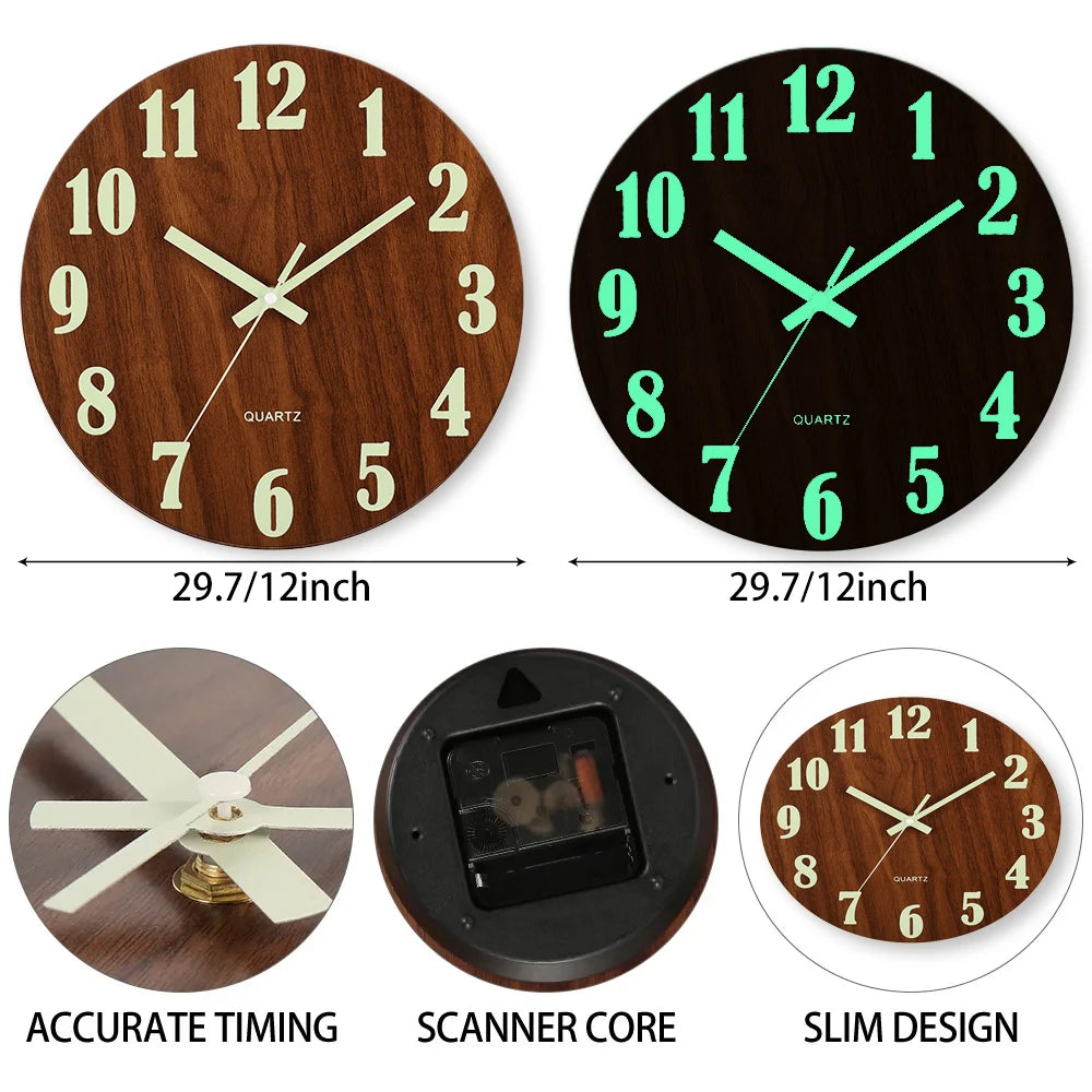 12-Inch Luminous Silent Wooden Wall Clock