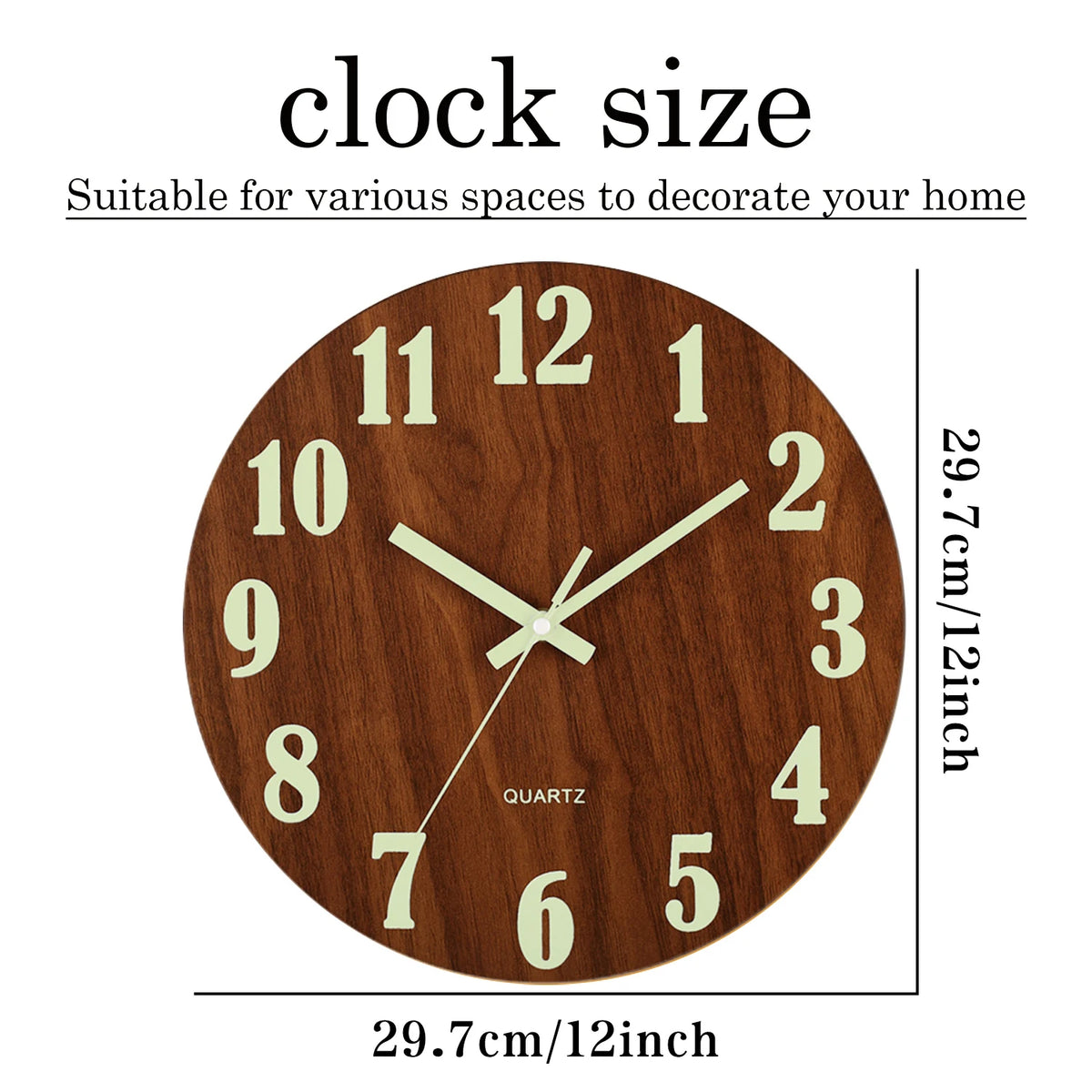 12-Inch Luminous Silent Wooden Wall Clock