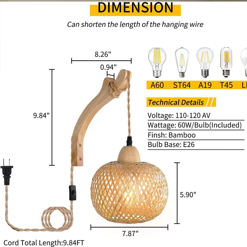 Handwoven Bamboo and Rattan E27 Wall Sconce