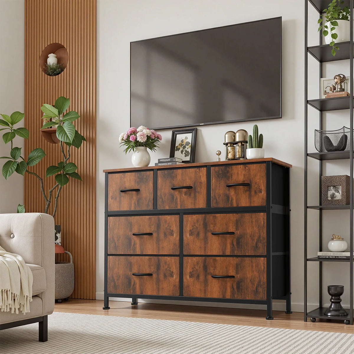 Modern Wooden 7 Fabric Drawer Storage Dresser Closet Chest Bedroom