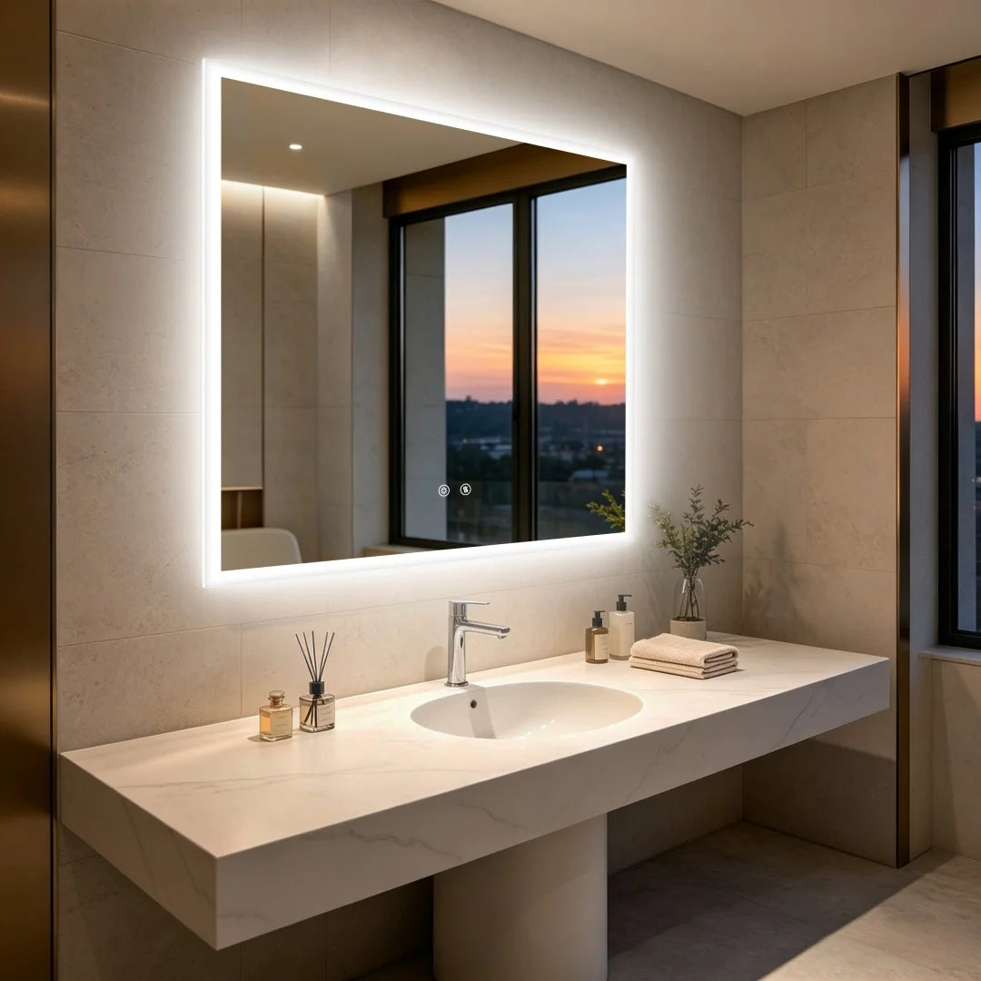 Touch Sensor Dimmable Square Aluminum Frame Anti Fog Waterproof LED Vanity Wall Mirror Bathroom