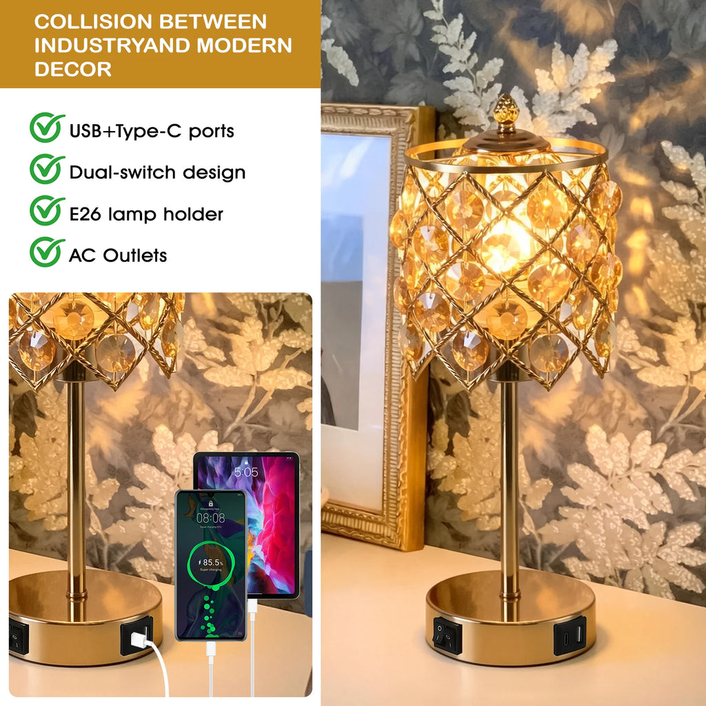 USB Charging AC Outlet Gold Crystal Diamond Grid Metal Bedside Nightstand Table Lamp – photo 6