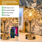 USB Charging AC Outlet Gold Crystal Diamond Grid Metal Bedside Nightstand Table Lamp – photo 6