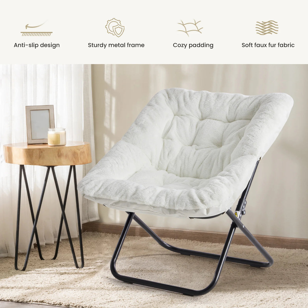 Foldable Faux Fur Padded Metal Frame Round Saucer Lounge Reading Chair Living Room