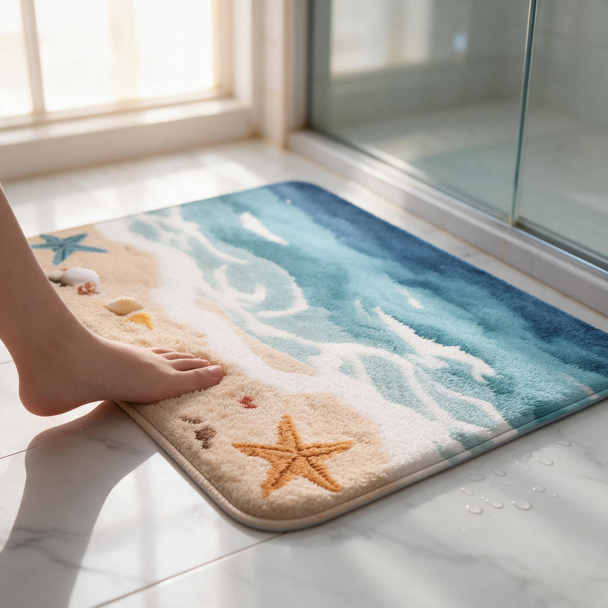 Coastal-patterned bath mat with plush flannel surface texture shown up close.