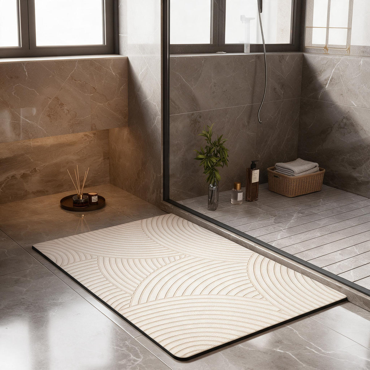 Floral-patterned bath mat shown in multiple size options laid side by side.